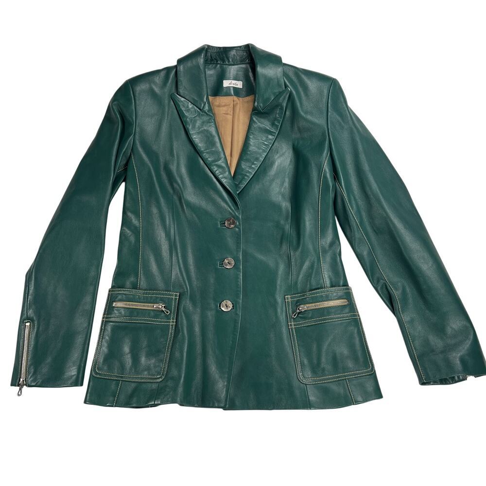 Di Vita Green Buttery Soft Italian Leather Blazer Contrast Stitch Zippers Size 6